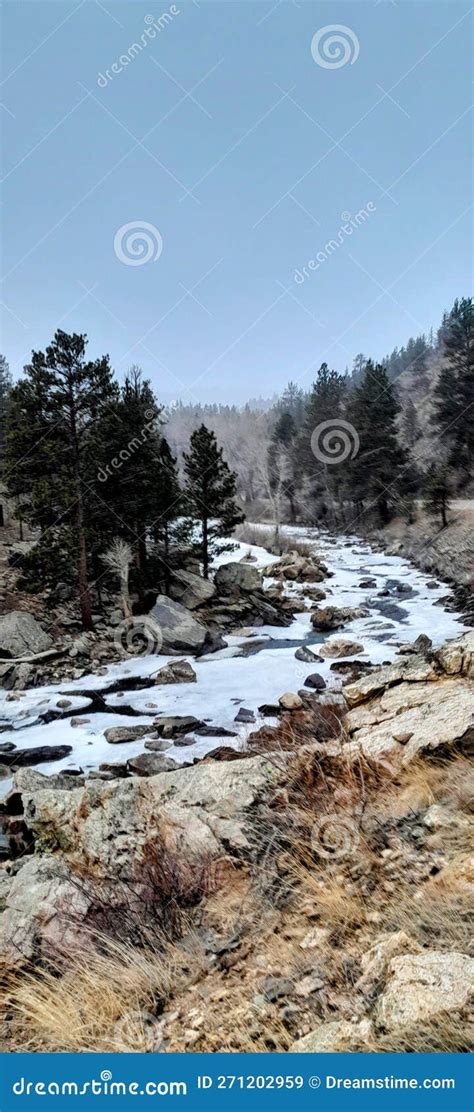 Poudre Canyon Road Cloudy Winter Day Granite Rock Colorado Stock Image