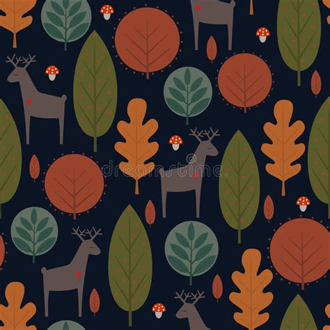 Autumn Trees And Deer Seamless Pattern On Dark Background Stock Vector