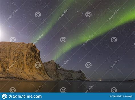 Northern Lights At Night In Norway In The Lofoten Islands Stock Image