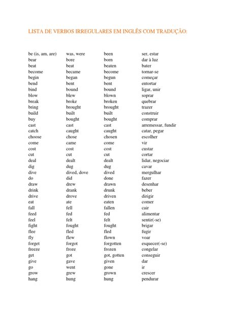 Ingles Sem Mestre Lista De Verbos Irregulares Em InglÊs Com TraduÇÃo