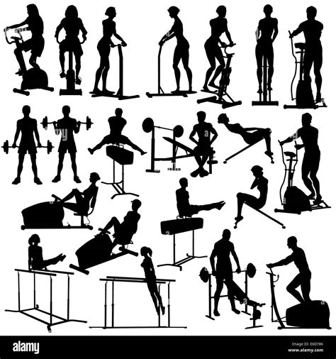 Set Of Silhouettes Of People Exercising In The Gym With All Figures And
