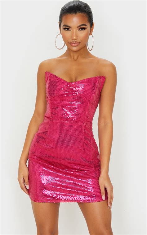 hot pink sequin bandeau bodycon dress prettylittlething ksa