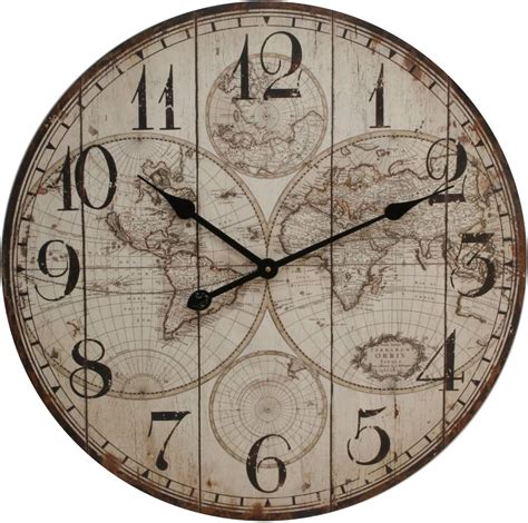 Large Rustic Wall Clock With World Map Design 60cm Diameter Amazon