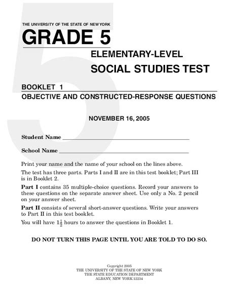 Grade 5 Social Studies Test Booklet 1 Worksheet For 5th Grade Lesson