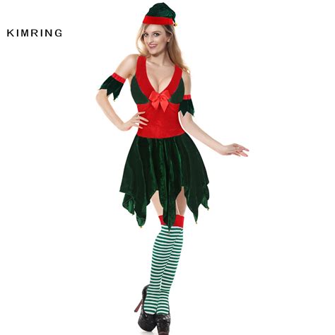 Kimring Sexy Women Christmas Elf Costumes Santa Claus Sleeve Green And Red Girl Elf Dress