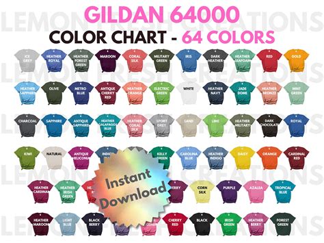 64000 Color Chart Gildan All Colors Colors Gildan 64000 Etsy