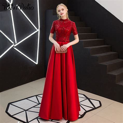 2019 New High Neck Short Sleeves Wine Red Satin Prom Dresses Long Floor