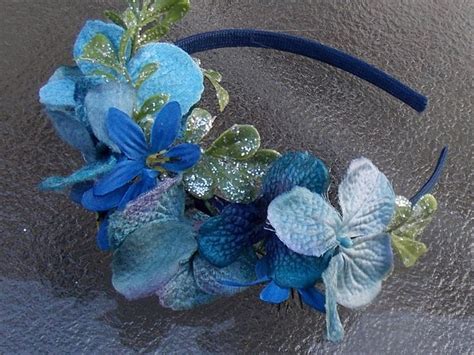 Blue Flower Headband With Glittery Green Leaves Blue Floral Etsy