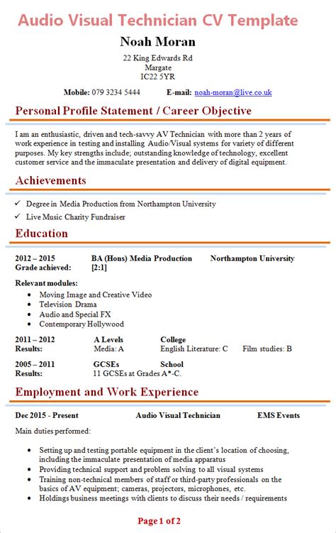 Technician resume example ✓ complete guide ✓ create a perfect resume in 5 minutes using our resume examples & templates. audio-visual-technician-cv-template-1