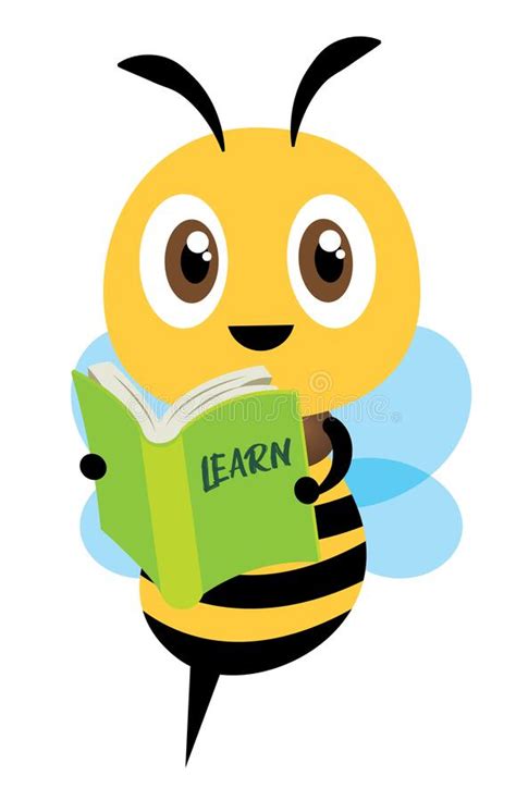 Cartoon Cute Happy Bee Mascot Carrying A Green Learning Book Stock