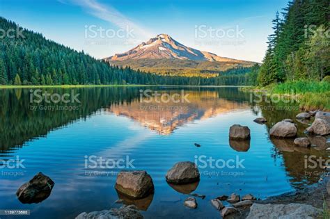 Trillium Lake And Mount Hood Oregon Usa At Sunset Stock