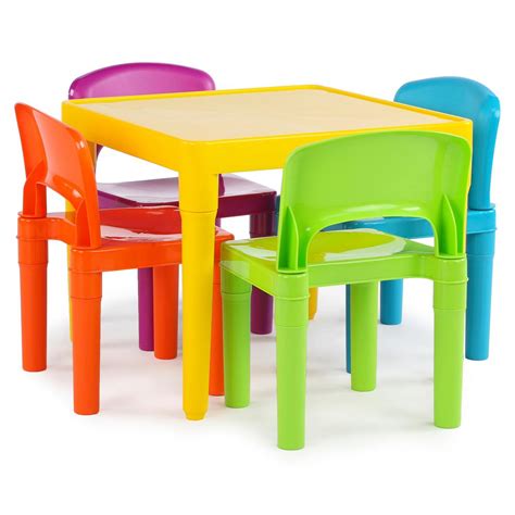 A white toddler table and chairs set seamlessly blends with most any home decor. Tot Tutors Playtime 5-Piece Vibrant Colors Kids Table and ...