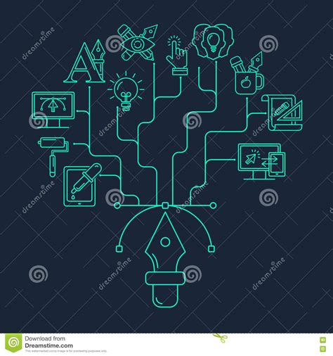 Graphic Designer Profession Pattern With Turquoise Linear Icons Stock