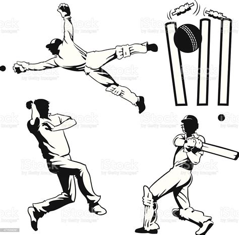 Four Drawings Of Cricket Players Stock Illustration Download Image