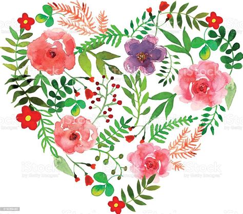Floral Heart With Isolated Flowers Herbs And Leaves Drawn Watercolor