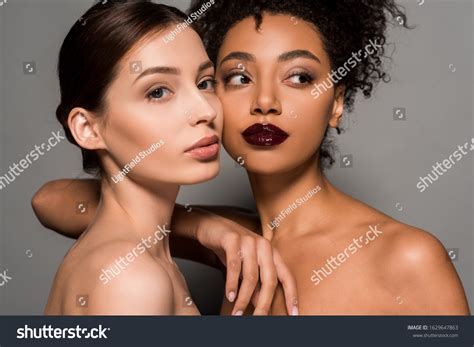 Portrait Naked Multicultural Girls Perfect Skin Stock Photo