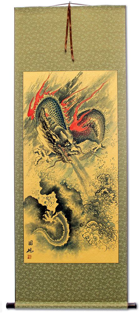 Flying Chinese Dragon And Lightning Pearl Chinese Scroll