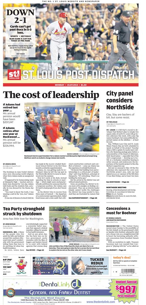 The St Louis Post Dispatch Front Page For Monday Oct 7 2013