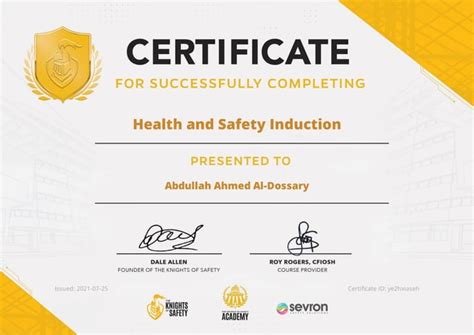 Certificate Health And Safety Induction Ppt