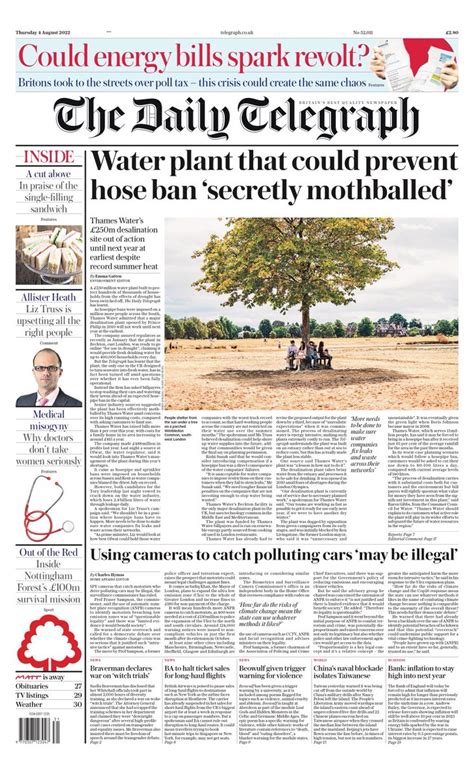 Daily Telegraph Front Page 4th Of August 2022 Tomorrow S Papers Today