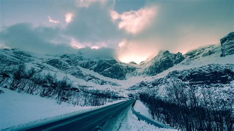 Download Wallpaper 3840x2160 Mountains Winter Road Snow Clouds