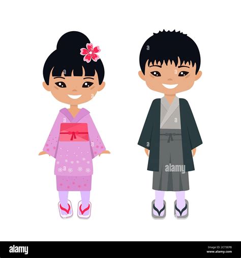 Cute Chibi Kawaii Characters In National Japanese Costume Flat Cartoon