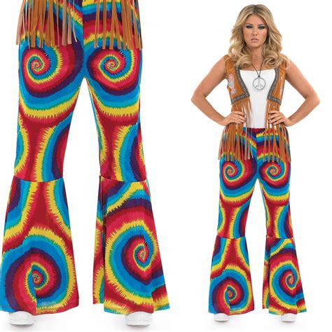 Women S 1960s Tie Dye Hippy Hippe Flares Fancy Dress Costume Ebay