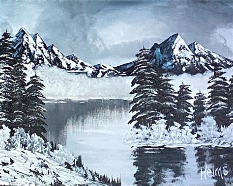 Bob Ross Style Painting Winter Landscape Snowy Mountain Art Etsy