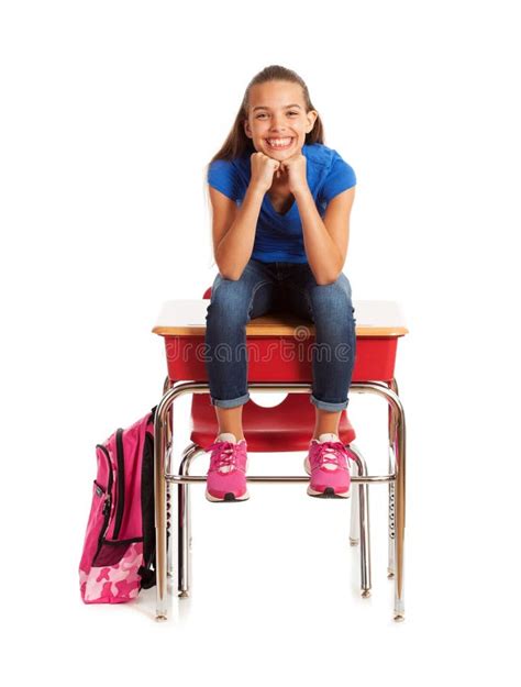 School Smart Female Student Sits On Desk Stock Photo Image Of Camera