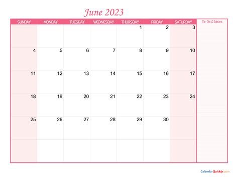 June Calendar 2023 With Notes Calendar Quickly
