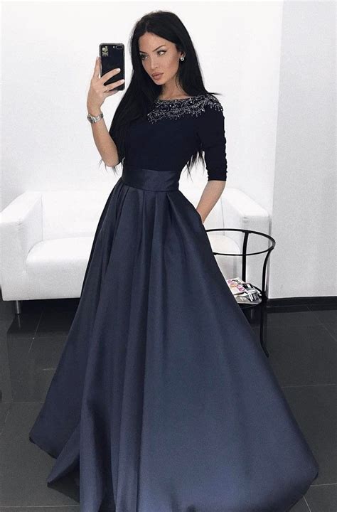 A Line Bateau Half Sleeves Navy Blue Prom Evening Dress With Beading