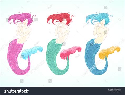Colorful Sketched Mermaids Set Watercolor Character Stock Vector
