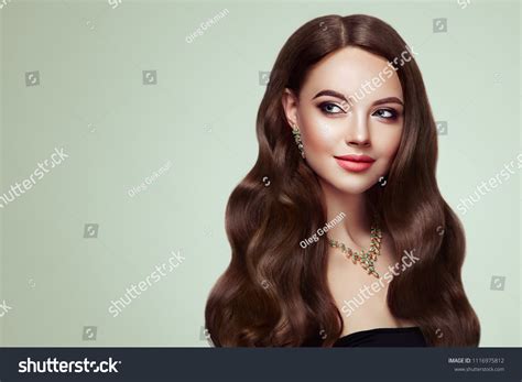 Brunette Girl Long Healthy Shiny Curly Stock Photo