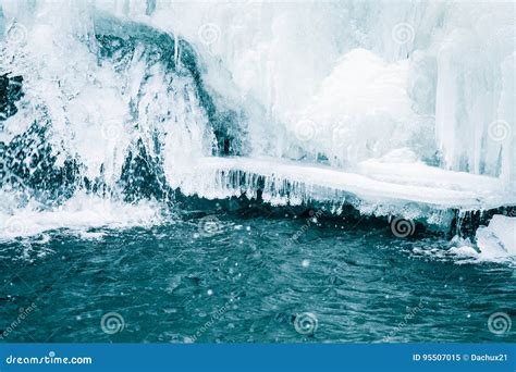 A Beautiful Ice Formations Along The Frozen River In Winter Stock Image