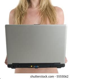 Nude Blonde Woman Holding Laptop Computer Stock Photo