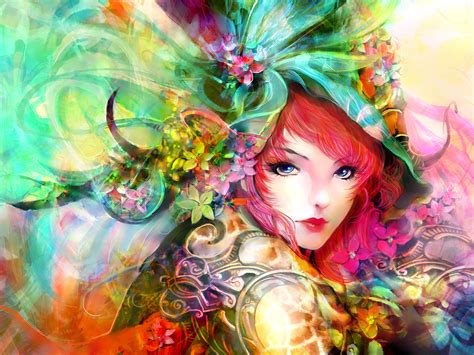 Art Painting Girl Eyes Face Flowers Red Hair Colorful Wallpaper Art And Paintings