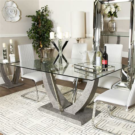 Set Caspian Toughened Glass Chrome Dining Room Table And 6 Light Grey