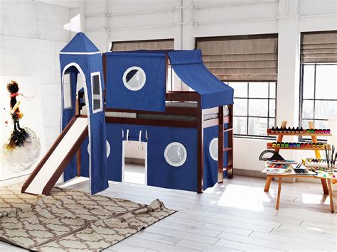 Jackpot Castle Low Loft Bed With Slide Blue And White Tent And Tower