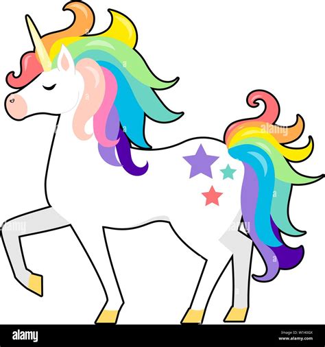 Cute Unicorn White Horse With Gold Horn And Beauty Rainbow Hair Design