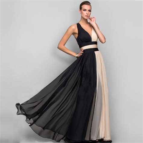 Elegant V Neck Long Evening Party Dress Women Chiffon Gowns Hollow Out