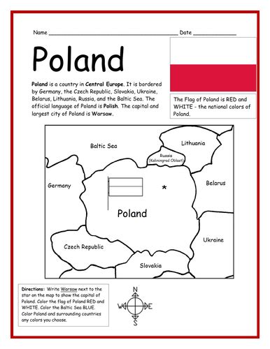 Poland Introductory Geography Worksheet With Map And Flag Teaching
