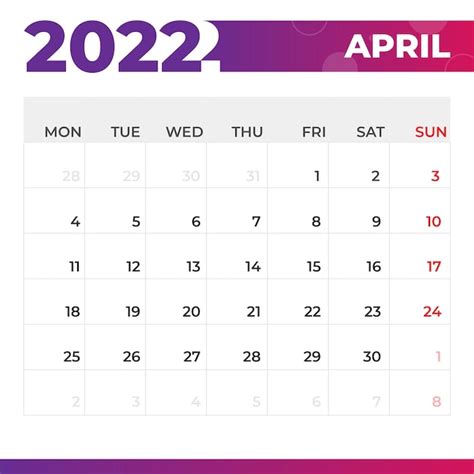 Calendrier Avril 2022 Vecteur Premium