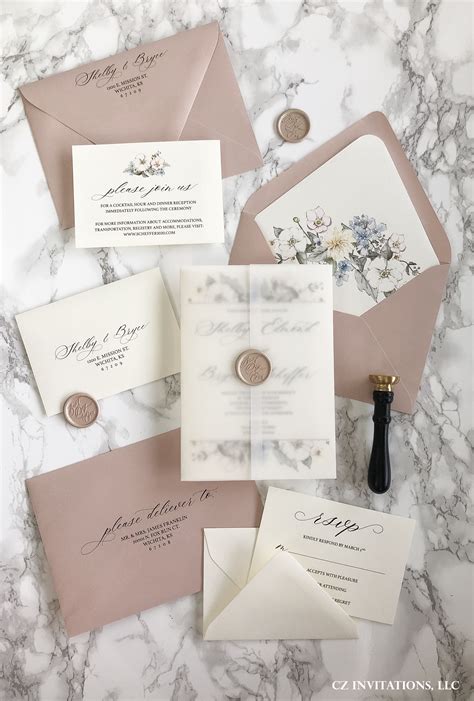 Rose Gold And Floral Vellum Wedding Invitation With Wax Seal — Cz