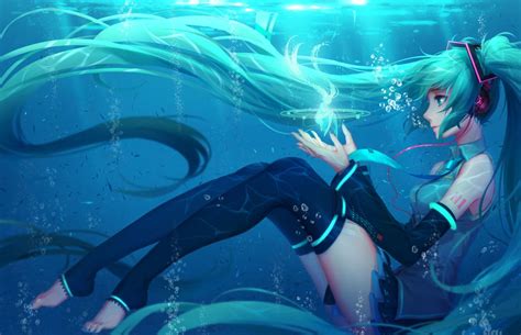 Anime Vocaloid Hatsune Miku Long Hair Twintails Aqua Hair Aqua Eyes