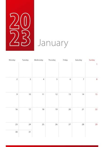 Premium Vector January 2023 Calendar Design Week Starts On Monday