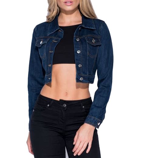 Womens Indigo Denim Jacket Ladies Blue Jean Cropped Jackets Size 6 8 10 12 14 Ebay