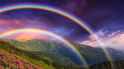 Hd Wallpaper Rainbow Double Rainbow Nature Sky Purple Sky Landscape Wallpaper Flare