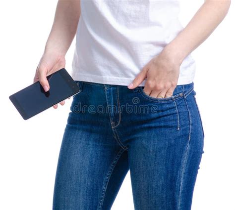 Woman Puts Mobile Phone In Jeans Pocket Stock Image Image Of Show