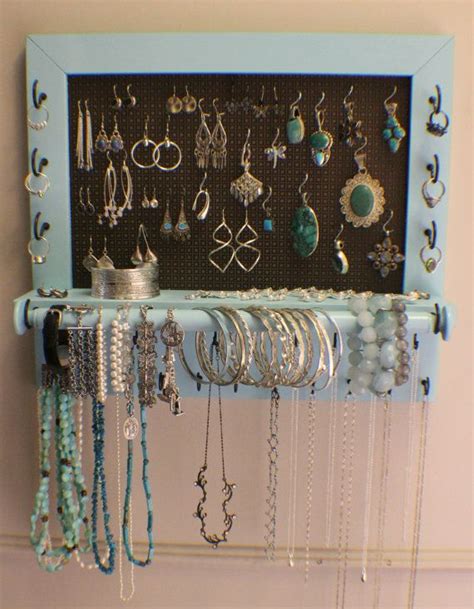 Beautiful Turquoise Wall Mounted Jewelry Organizer With A Bracelet Bar
