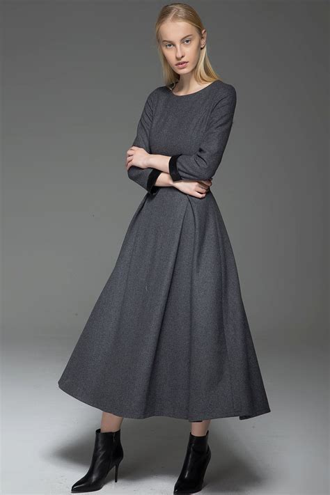 Gray Wool Dress Wool Dress Winter Dress Long Sleeve Dress Etsy